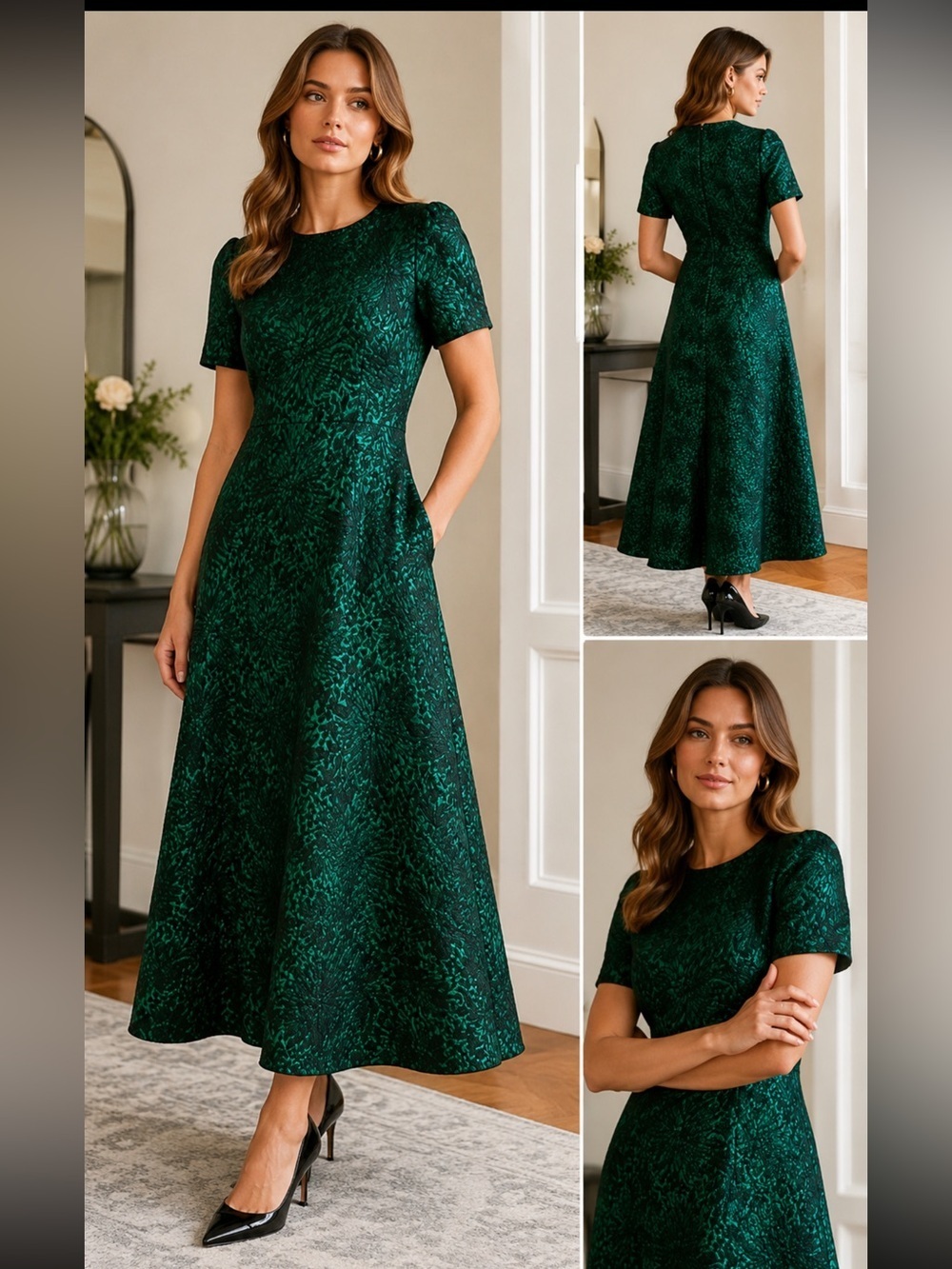 Andrew GN Emerald Green Jacquard Textured Short-Sleeve formal Dress size 34
